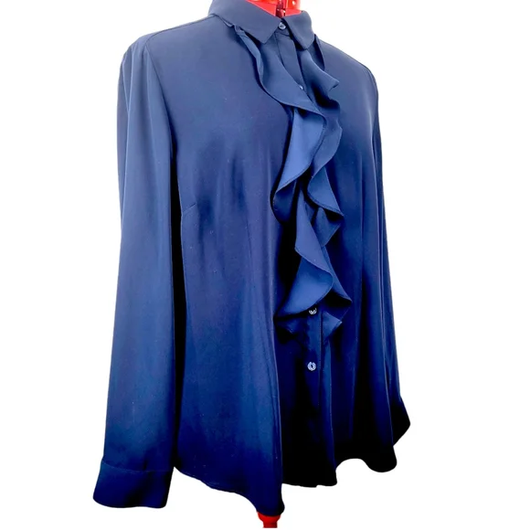 Chicos Colbalt Blue Ruffle Front Silky Blouse Size 2 Medium 12-14 - Picture 6 of 14